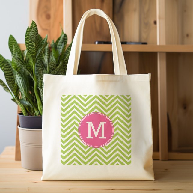 Zickzack rosa und grünes Muster mit Monogramm Tragetasche (Personalized tote bag with chevrons and monogram)