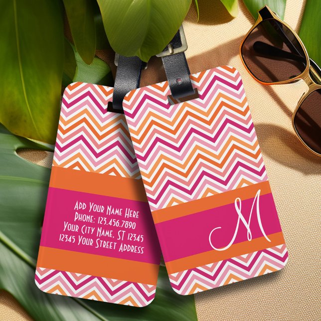 Zickzack, rosa und orangefarbenes Muster mit Monog Gepäckanhänger (Personalized luggage tag - Add Your contact information and monogram)