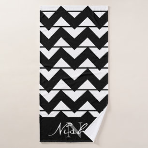 Zickzack Streifen Schwarz-Weiß-Monogramm Badehandtuch