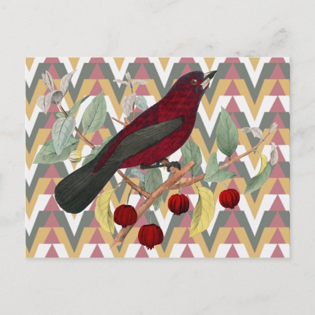 Zickzack und Vintager Roter Vogel Postkarte (Vorderseite)