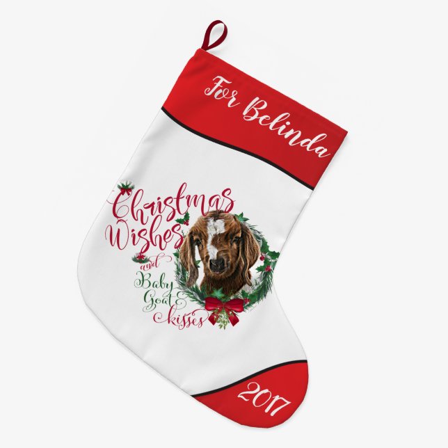 ZIEGE | Christmas wünscht Baby Goat Kisses Boer Großer Weihnachtsstrumpf (Vorderansicht (hängend))