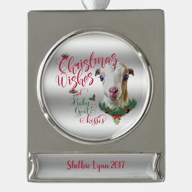 ZIEGE | Christmas wünscht Baby Goat Kisses LaManch Banner-Ornament Silber (Vorderseite)