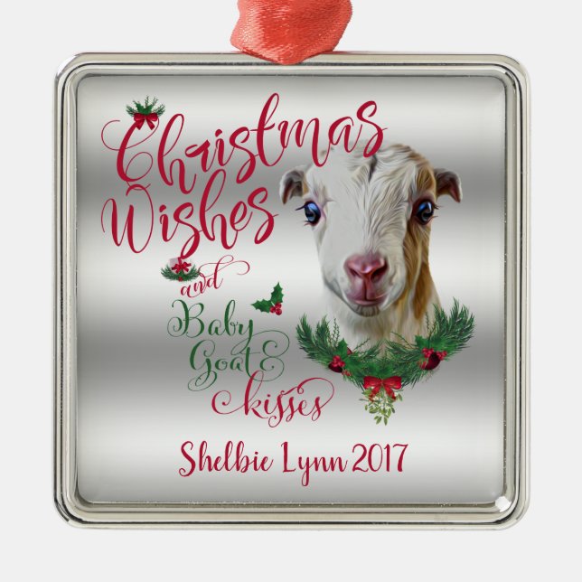 ZIEGE | Christmas wünscht Baby Goat Kisses LaManch Silbernes Ornament (Vorne)
