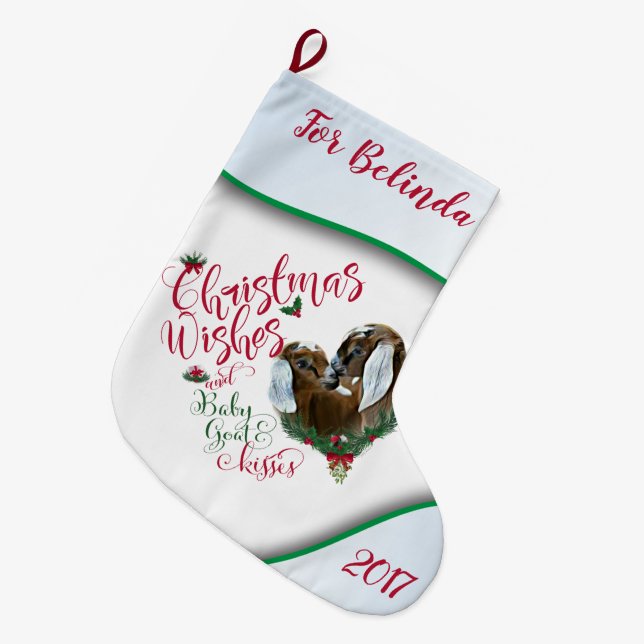 ZIEGE | Christmas wünscht Baby Goat Kisses Nubian  Großer Weihnachtsstrumpf (Vorderansicht (hängend))