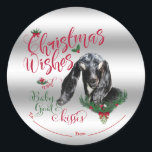 ZIEGE | Christmas wünscht Baby Goat Kisses Nubian Runder Aufkleber<br><div class="desc">CUSTOMIZE Dieses Weihnachtsgeschenk Tag Sticker- Adorable Porträtmalerei einer nubischen Babyziege mit Weihnachtsgrün, Heiligenbäumen und Beeren, einem roten Bogen und Misteloe - mit verziertem Kalligrafiettext, der lautet: Weihnachten wünscht und Kinderziege auf abnehmbarem silberem Hintergrund - entfernen Sie den Hintergrund, um Weiß zu zeigen oder wählen Sie aus dem individuellen Farbwählten -...</div>
