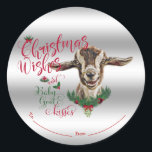 ZIEGE | Christmas wünscht Baby Goat Kisses Togg Runder Aufkleber<br><div class="desc">CUSTOMIZE Dieses Weihnachtsgeschenk Tag Sticker- Adorable Porträtmalerei einer Toggenburger Babyziege mit Weihnachtsgrün, Heiligenbäumen und Beeren, einem roten Bogen und Misteloe - mit verziertem Kalligrafiettext, der lautet: Weihnachten wünscht und Kinderziege alle auf abnehmbarem silberem Hintergrund - entfernen Sie Hintergrund, um Weiß zu zeigen oder wählen Sie aus der individuell gestalteten Farbauswahl...</div>