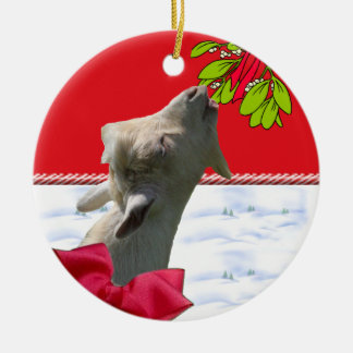 Ziege, die Mistelzweig-Weihnachtsverzierung isst Keramikornament