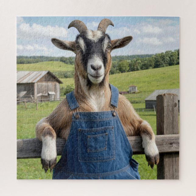 Ziege in blauer Latzhose aus Denim Puzzle (Vertikal)