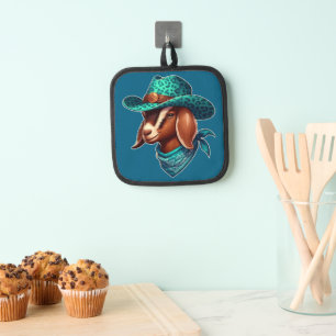 Ziege mit stilvoller Cowboyhut und Bandana Topflappen