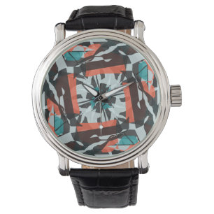 Ziegel-Design in Orange, Schwarz und Aqua Armbanduhr