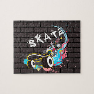 Ziegelstein-Wand-Skategraffiti-Logo mit Brett Puzzle