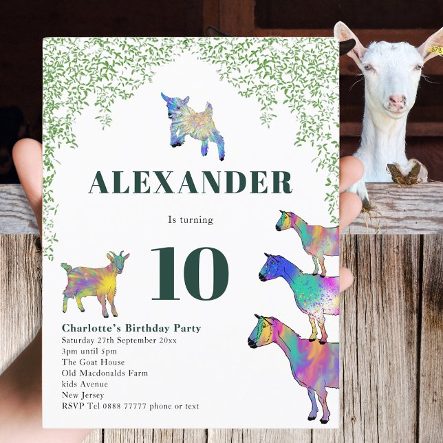 Ziegen als Geburtstagsparty Einladungspostkarte (Goat themed 10th birthday party invitation colorful farm animal watercolor art)