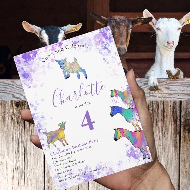 Ziegen Kinder 5th Birthday Foto Lila Einladungspostkarte (Cute goats farm animal watercolor colorful 4th birthday party budget invitation postcard )