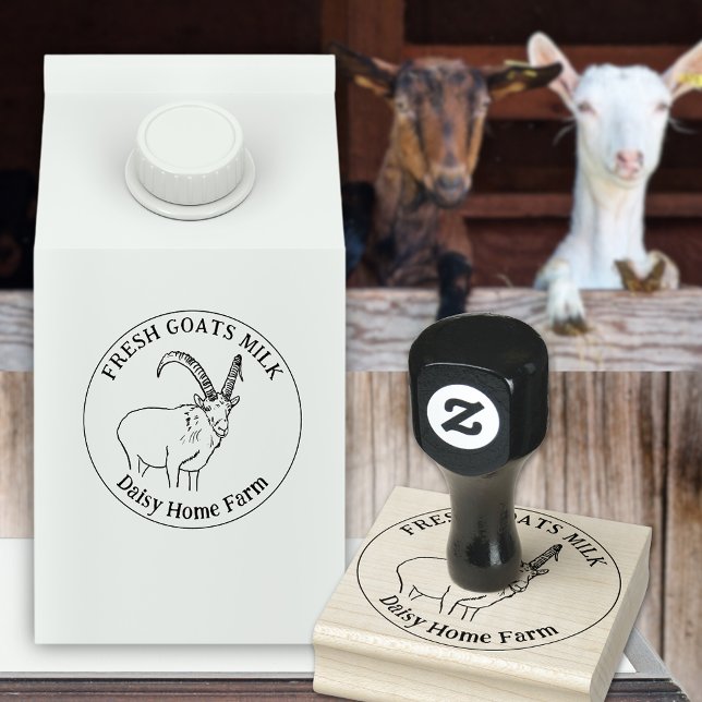 Ziegen Milch Milchwirtschaftsname Schwarz und Weiß Gummistempel (Goats milk custom ink rubber stamp with simple goat line drawing and business name)