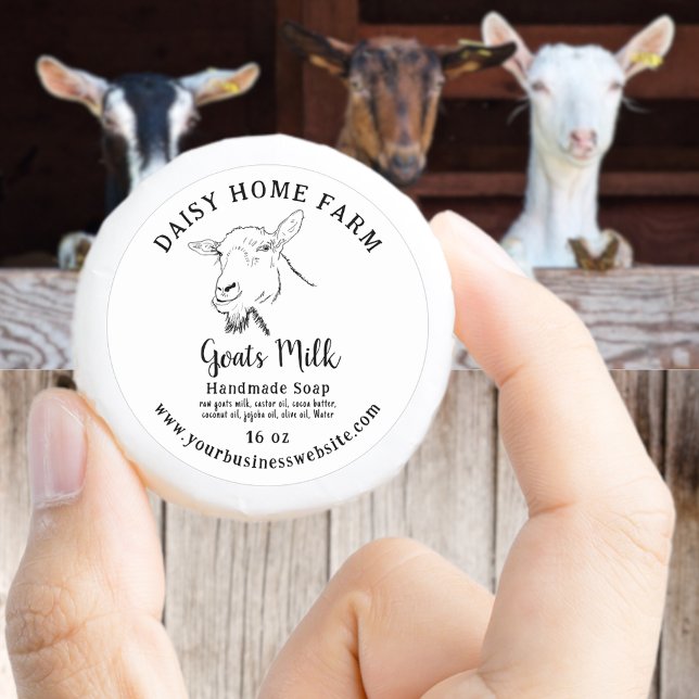Ziegen Milch Seife Firmenname Website Inhaltsstoff Runder Aufkleber (Goats milk handmade soap custom business product label name website ingredients weight black & white)
