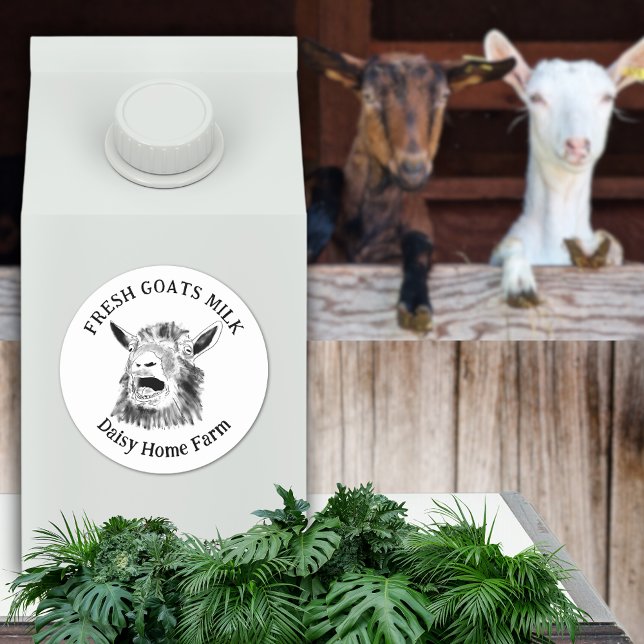 Ziegen Milch Witzige schreiende Ziege Runder Aufkleber (Fresh goats milk custom business name black and white produce label with funny screaming goat art)