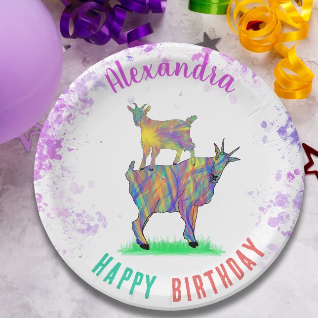 Ziegen Personalisiert Geburtstagspartei Pappteller (Cute goats colorful watercolor farm animal art personalized happy birthday party paper plate)