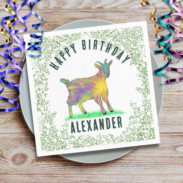 Ziegenfarm Animal Happy Birthday Name hinzufügen Serviette (Baby goat farm animal birthday party custom paper plate cute goat animal art and foliage watercolor )