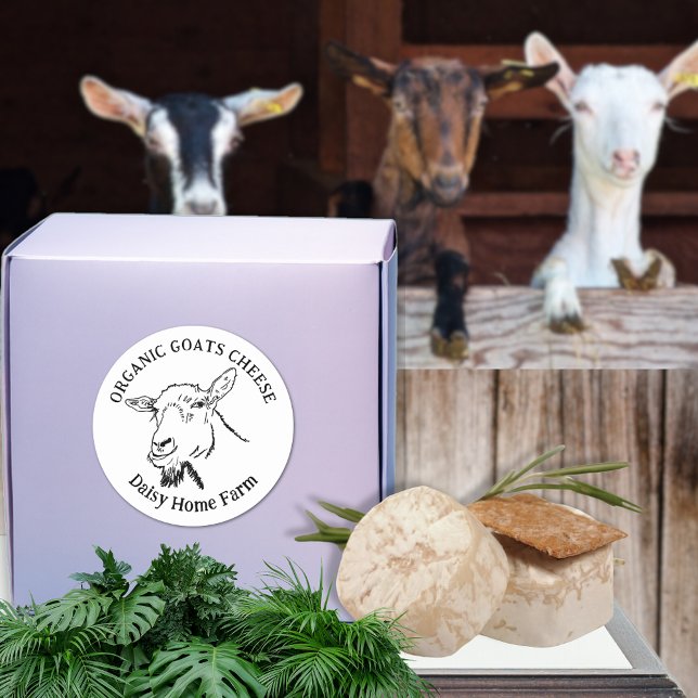 Ziegenkäse Firmenname Schwarz und Weiß Runder Aufkleber (Goats cheese business name black and white custom product label. Simple goat drawing farm produce )