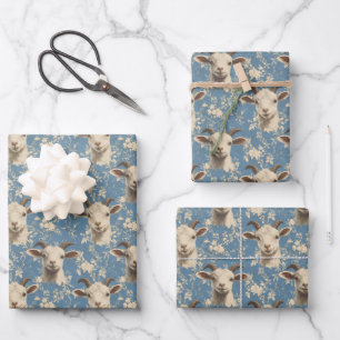 Ziegenköpfe und Blume auf blau Geschenkpapier Set