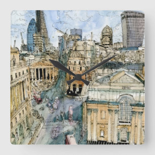 Ziele Aquarell Vintage London Straße Quadratische Wanduhr