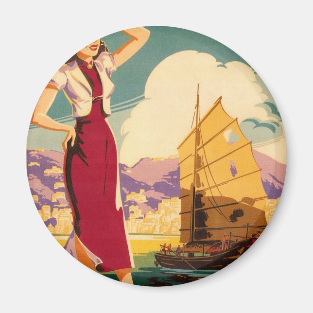 Zielort: Retro Graphic Round-Magnet Hongkong Magnet (Vorne)