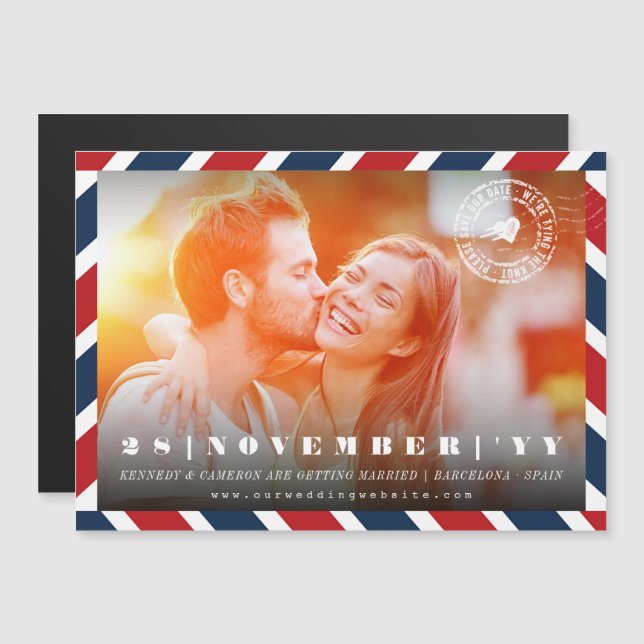 Zielort Save the Date Luftpost Postal-Foto Magneteinladung (Vorne/Hinten)