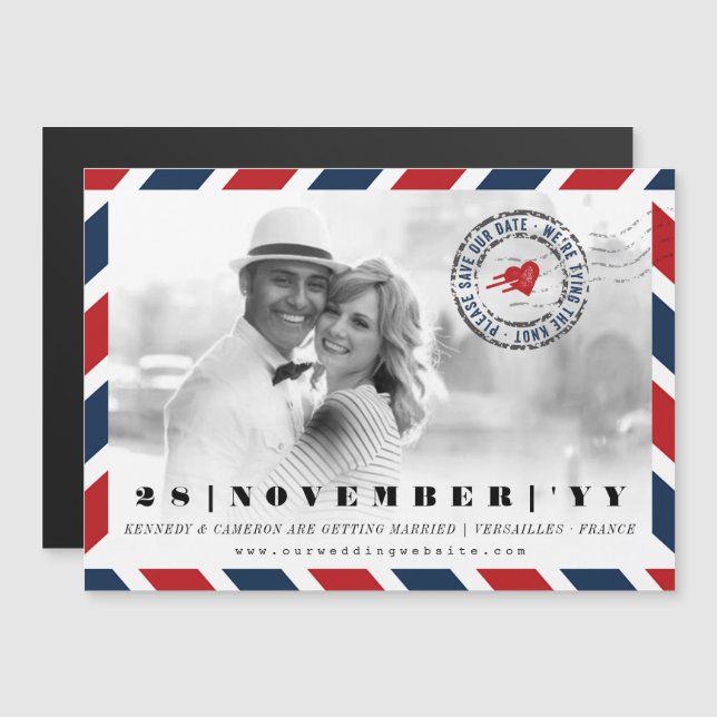 Zielort Save the Date Luftpost Postal-Foto Magneteinladung (Vorne/Hinten)