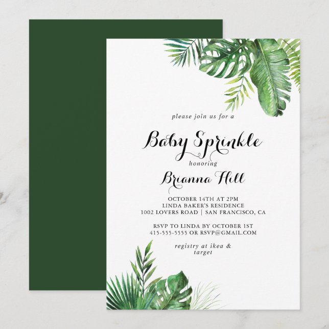 Zielort Tropical Greenery Baby Sprinkle Einladung (Vorne/Hinten)
