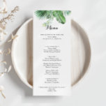 Zielort Tropisches Grün Kalligrafie Abendessen Menükarte<br><div class="desc">Diese Karte für das tropische Kalligrafie-Abendessen ist perfekt für eine moderne Hochzeit. Das Design besteht aus handbemalten Aquarellpalmen und Blätter aus Bananen,  die in hübschen Bouquets angeordnet sind. Dieses Menü kann für Hochzeitsempfang,  Probe Dinner,  Brautparty oder jede Veranstaltung verwendet werden.</div>