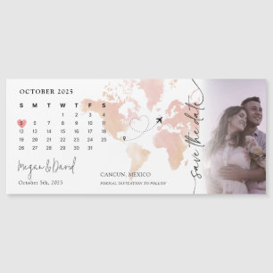 Zielort World Map Kalender Herz Foto Hochzeit Magneteinladung