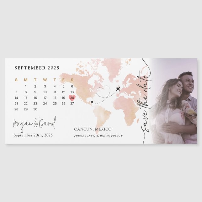 Zielort World Map Kalender Herz Foto Hochzeit Magneteinladung (Vorderseite)