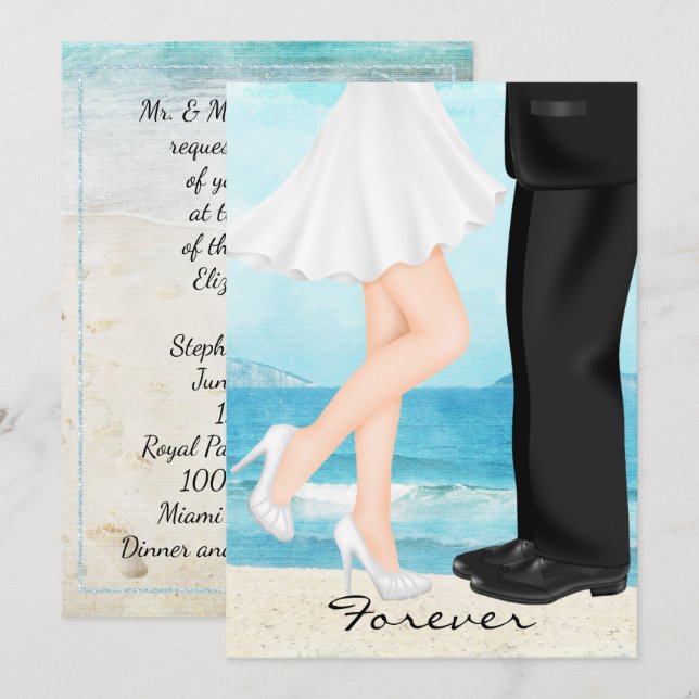 Zielstrandhochzeit mit Braut und Bräutigam Einladung (Vorne/Hinten)