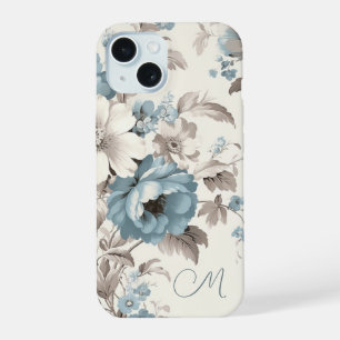 Ziemlich staubiges Blau/hellbraune Blumen mit Init iPhone 15 Hülle
