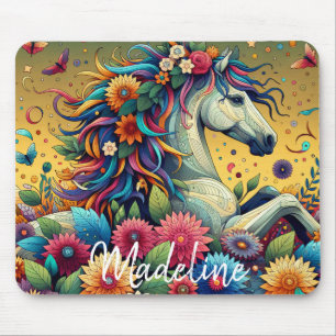 Ziemlich verspielte bunte Blumen und weißes Pferd Mousepad