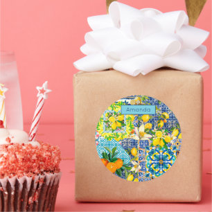 Zierblauer türkisblaue sizilianische Zitrusfliesen Runder Aufkleber