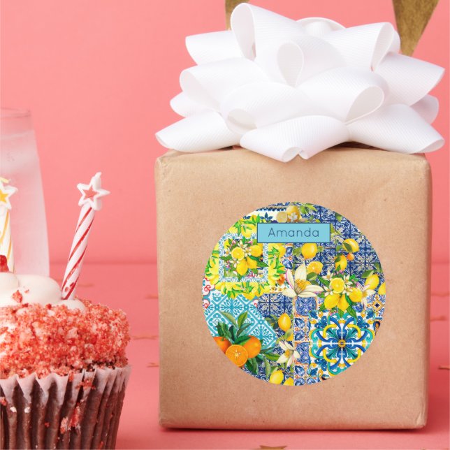 Zierblauer türkisblaue sizilianische Zitrusfliesen Runder Aufkleber (Party)