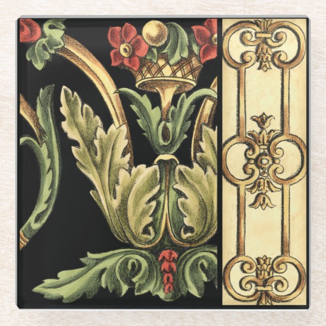 Zierblumendesign an schwarzen Grenzen Glasuntersetzer (Vorderseite)