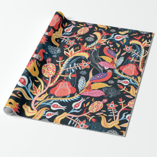 Zierblumenmuster mit Vögeln auf dunklem Bach Geschenkpapier
