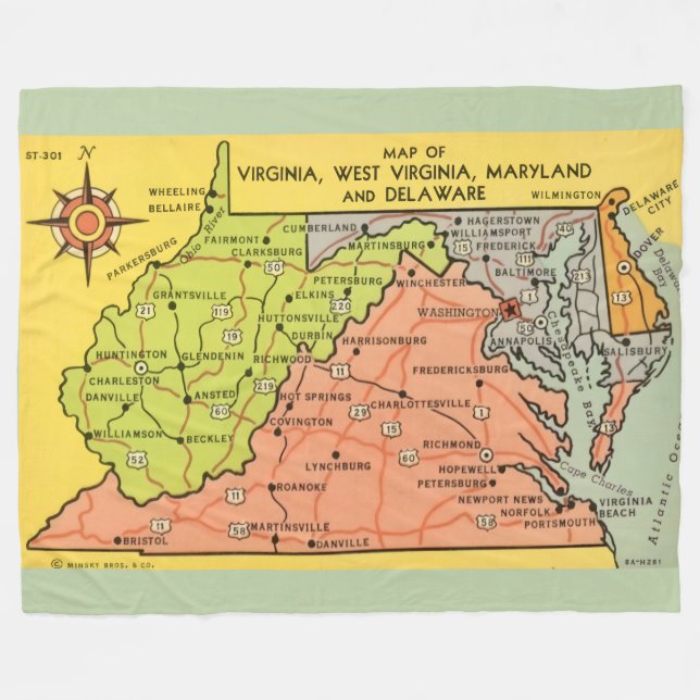 Zierdecke mit den US-Bundesstaaten Virginia und Ma Fleecedecke (Vorderseite (Horizontal))