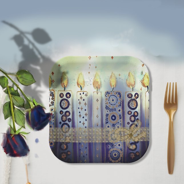 Zierkandeln, Spitzen und Bow Hanukka Pappteller (Ornamental Candles Lace & Bow Hanukkah Paper Plates)
