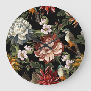 Zierliche alte Pfingstrosen, Rosen, Vögel. Große Wanduhr