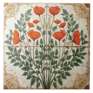 Zierlicher Mohn mit vergoldetem Rand Fliese