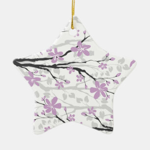 Zierzweig und violette Blumen Keramik Ornament
