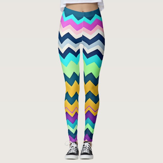 Zig-zaggendes pastellfarbenes Regenbogenmuster Leggings (Vorderseite)