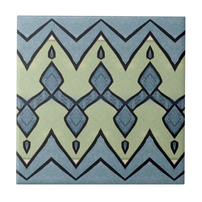 Zigzag Blue und Green Geometric Vintag Fliese (Vorderseite)