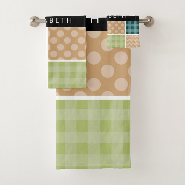 Zigzag, Zickzack, Gingham, Polka Dots, Ihr Name Badhandtuch Set (Insitu)
