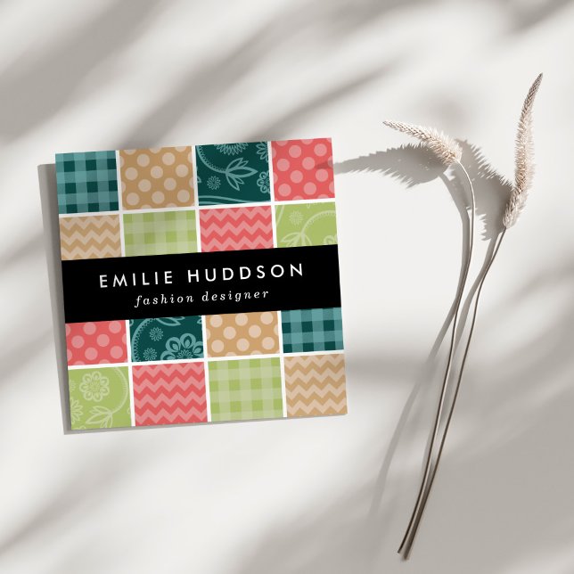 Zigzag, Zickzack, Gingham, Polka Dots, Patchwork Quadratische Visitenkarte (Von Creator hochgeladen)