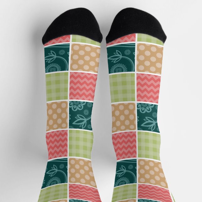 Zigzag, Zickzack, Gingham, Polka Dots, Patchwork Socken (Oben)