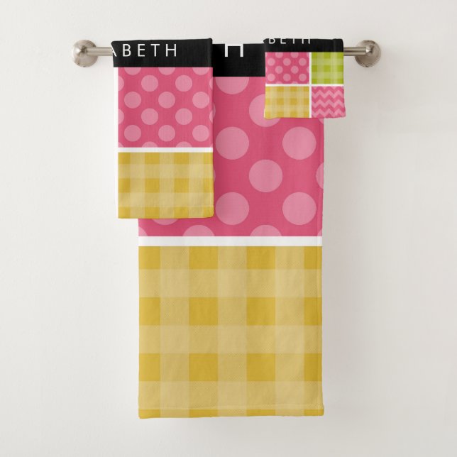 Zigzag, Zickzack, Polka Dots, Gingham, Ihr Name Badhandtuch Set (Insitu)